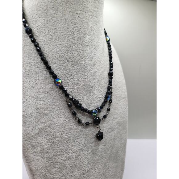 Robert Rose Signed Black Bead Necklace Aurora Glass Drop Vintage Gothic - Picture 7 of 7